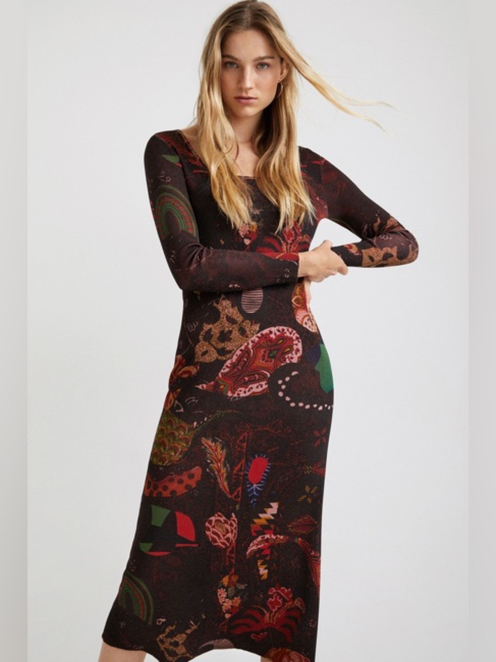 Desigual Womens Flat Knit Long Sleeve Square Neck Floral Print Dress